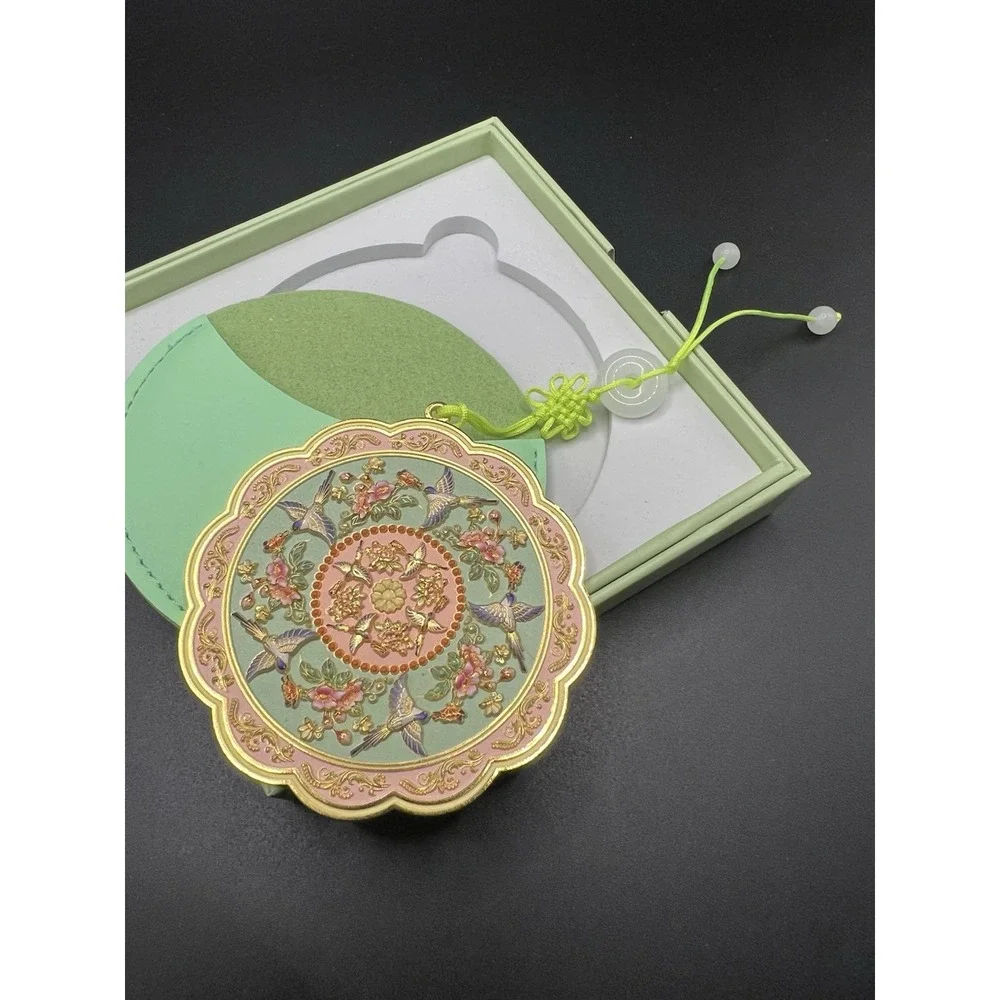 Palace Museum Chinese Sparrows Flowers Compact Mirror Green Tassel Gift Box